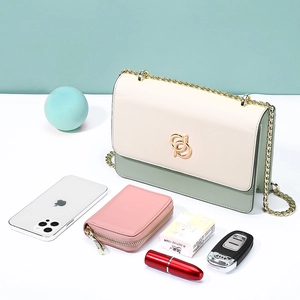 Petit sac bandoulière beige et vert avec chaîne montrant la capacité intérieure