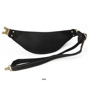 Detailed back view of a vintage black crazy horse leather waist bag with bronze hardware