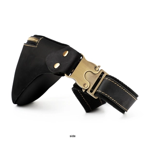Side view of vintage crazy horse leather waist bag with brass buckle and yellow stitching