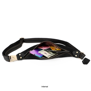 Internal storage view of the vintage black leather waist bag showing card slots and pockets