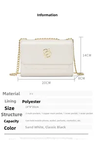 Détails du sac bandoulière blanc en cuir PU avec boucles dorées, taille 20x14x8cm