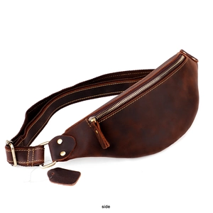 Side view of vintage crazy horse leather men's waist bag with contrast stitching