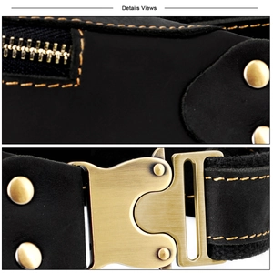 Detail view of crazy horse leather waist bag with brass buckle and orange stitching