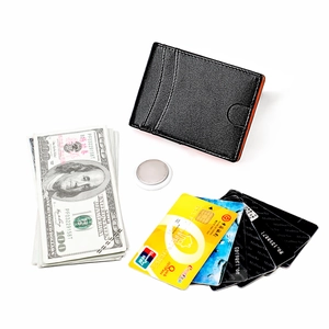 Minimalist leather AirTag wallet for men with RFID blocking and orange interior accents