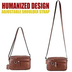 Brown lychee grain leather crossbody bag showing the adjustable shoulder strap length