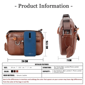 Detailed view of brown genuine leather crossbody bag with multiple zip pockets and compartments