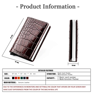 Detail view of brown crocodile leather wallet showing dimensions 97x67x16mm and card slots