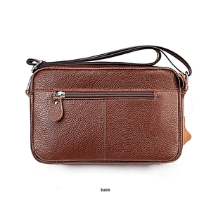 Back view of dark brown genuine leather messenger bag with textured lychee grain and zipper