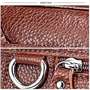 Close-up of deep brown pebbled leather texture with silver metal zipper and D-ring