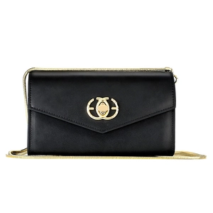 Designer black leather mini crossbody phone bag with gold chain and circular swivel lock