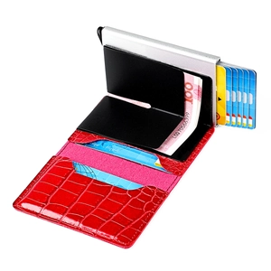 Macro view of red crocodile pattern wallet with RFID blocking aluminum card pop-up slot
