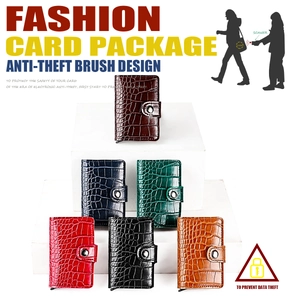 Detailed view of crocodile pattern card holders in six colors with RFID blocking metal case