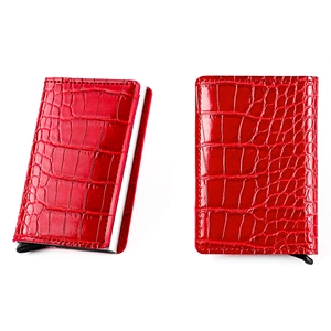 Detail of red crocodile pattern wallet with automatic pop-up RFID blocking aluminum card holder