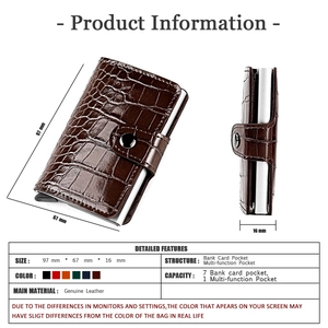Detail view of crocodile pattern wallet with silver aluminum card box and size dimensions