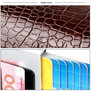 Detail of brown crocodile pattern wallet and its silver metal RFID-blocking interior