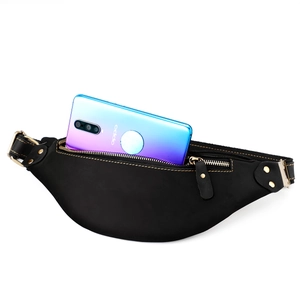 Vintage black leather waist bag for men with yellow topstitching and phone storage