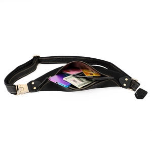 Men's vintage black crazy horse leather waist bag with large capacity for phone and cards