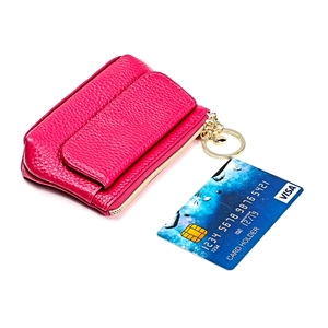 Genuine leather rose red coin purse with lychee pattern and golden zipper keychain