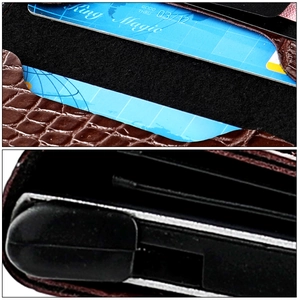 Detail of brown crocodile pattern wallet with internal multi-slot card holder design