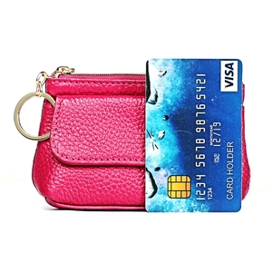 Genuine leather mini coin purse in dark rose pink with metal zipper and key ring