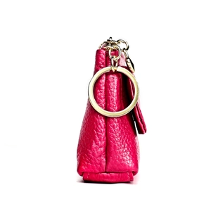 Genuine leather mini coin purse in rose pink with textured finish and gold ring keychain