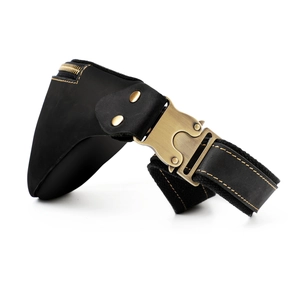 Vintage black crazy horse leather waist bag with retro metal buckle and yellow stitching