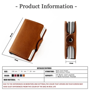 Detail view of brown PU leather card holder with dual aluminum RFID blocking card slots