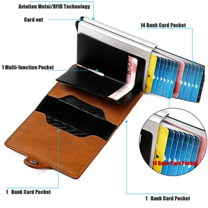Detailed diagram of RFID metal wallet with 14-card capacity and automatic pop-up mechanism