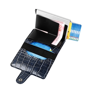 Detail of blue crocodile pattern wallet with aluminum card case and metal money clip