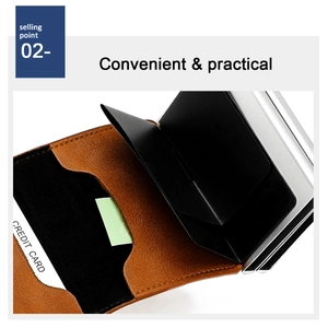 Detail of automatic pop-up RFID card holder with brown lychee leather and dual aluminum case