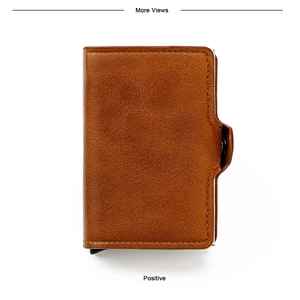 Detailed front view of brown lychee grain leather wallet with RFID metal card holder case