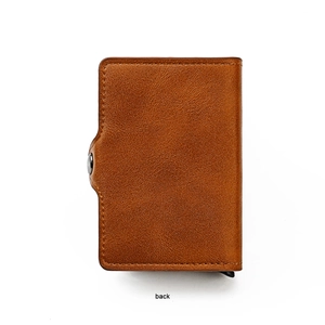 Rear view of brown leather RFID card holder with textured finish and metal buckle closure