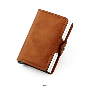 Side view of brown leather RFID card holder with automatic pop-up aluminum wallet case