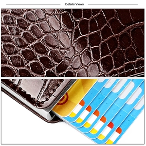Detail view of brown crocodile texture leather card holder with multiple slots