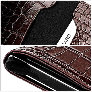 Detail of crocodile embossed leather card holder showing slot and precise edge stitching