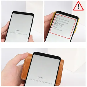 Detail showing brown leather RFID card holder with NFC signal sensing on smartphone