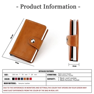 Brown genuine leather RFID wallet showing 100mm x 70mm x 20mm dimensions and card slots