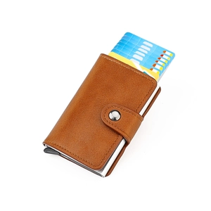 Retro brown leather RFID aluminum pop-up card holder with cards in tiered display