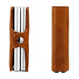 Dual aluminum card slots with brown lychee leather case and RFID blocking button closure