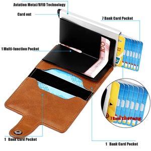 Detail view of brown leather RFID wallet with automatic aluminum pop-up card mechanism