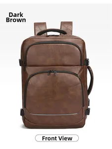 Front view of dark brown faux leather business backpack with multi-layer zipper and USB port