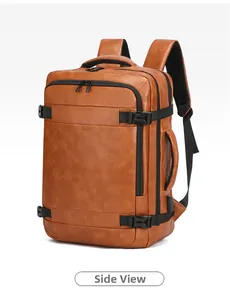 Side view of brown leather business backpack featuring USB port and padded straps