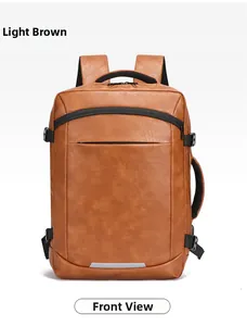 Front view of light brown multifunctional business backpack with reflective safety strip