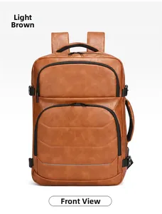 Front view of a light brown leather business backpack with multiple functional zipper pockets