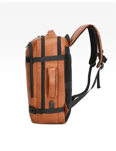 Side view of brown PU leather backpack showing multi-layer zippers and USB charging port