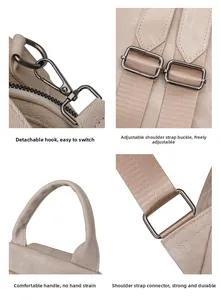 Detail view of reinforced straps, durable metal hardware and adjustable buckles on the backpack