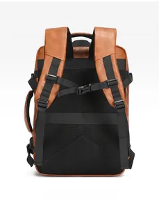 Back view of brown PU leather business backpack featuring breathable mesh and padded straps