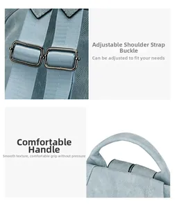 Detail of adjustable woven shoulder strap with gunmetal buckle and soft handle on blue backpack