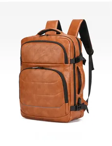 Side view of brown leather business backpack featuring padded straps and buckles
