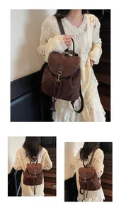 Detail of dark brown suede backpack showing drawstring closure and vintage metal hardware